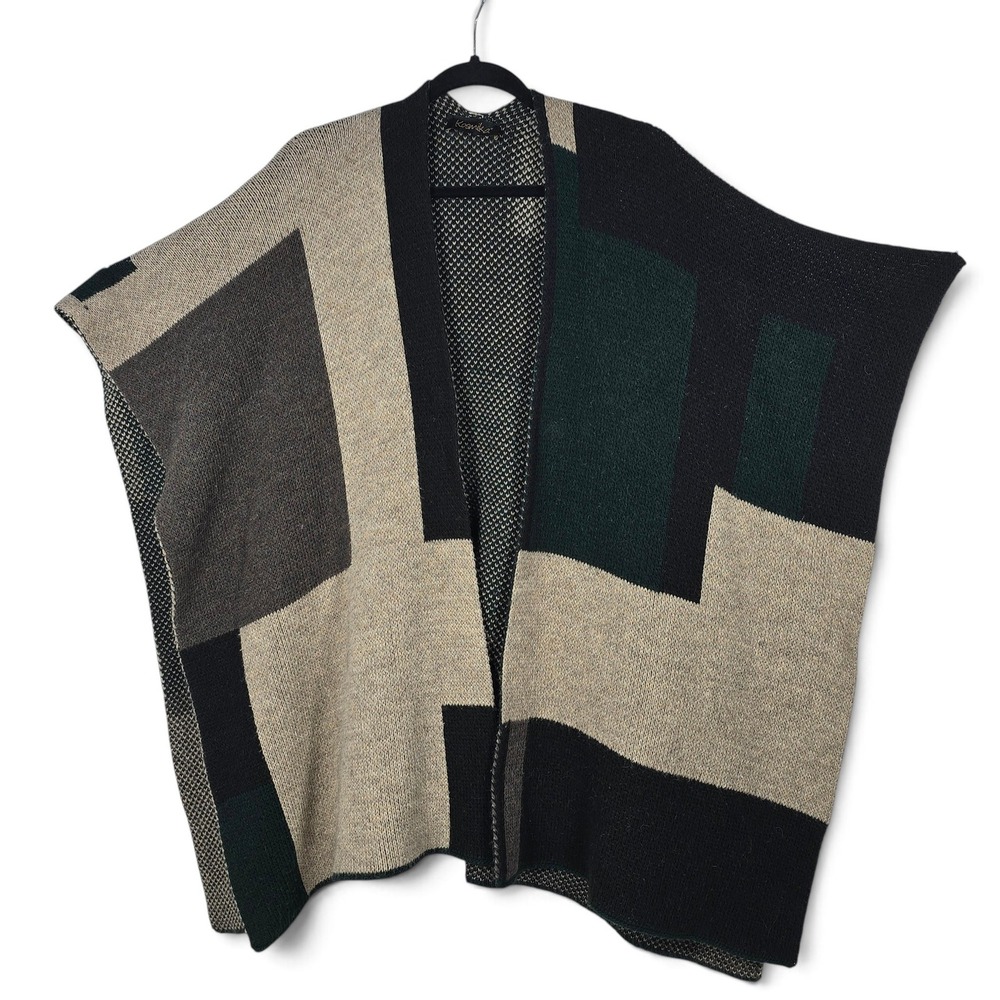 Kosmika Poncho Wrap Women OS Colorblock Knit Green Black Wool Alpaca Blend Italy
